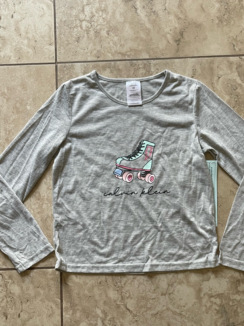 Calvin Klein Gray Long-Sleeve Tee with Pink & Mint Roller Skate Graphic